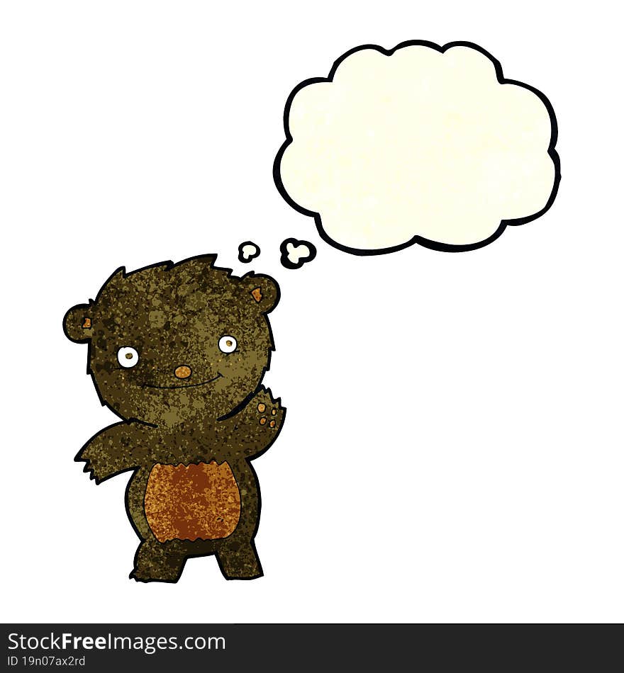 cartoon waving black bear cub with thought bubble