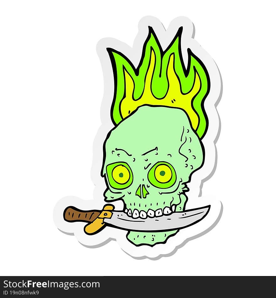 Sticker Of A Cartoon Pirate Skull With Knife In Teeth