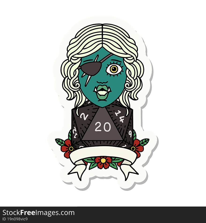 sticker of a half orc rogue character with natural twenty dice roll. sticker of a half orc rogue character with natural twenty dice roll