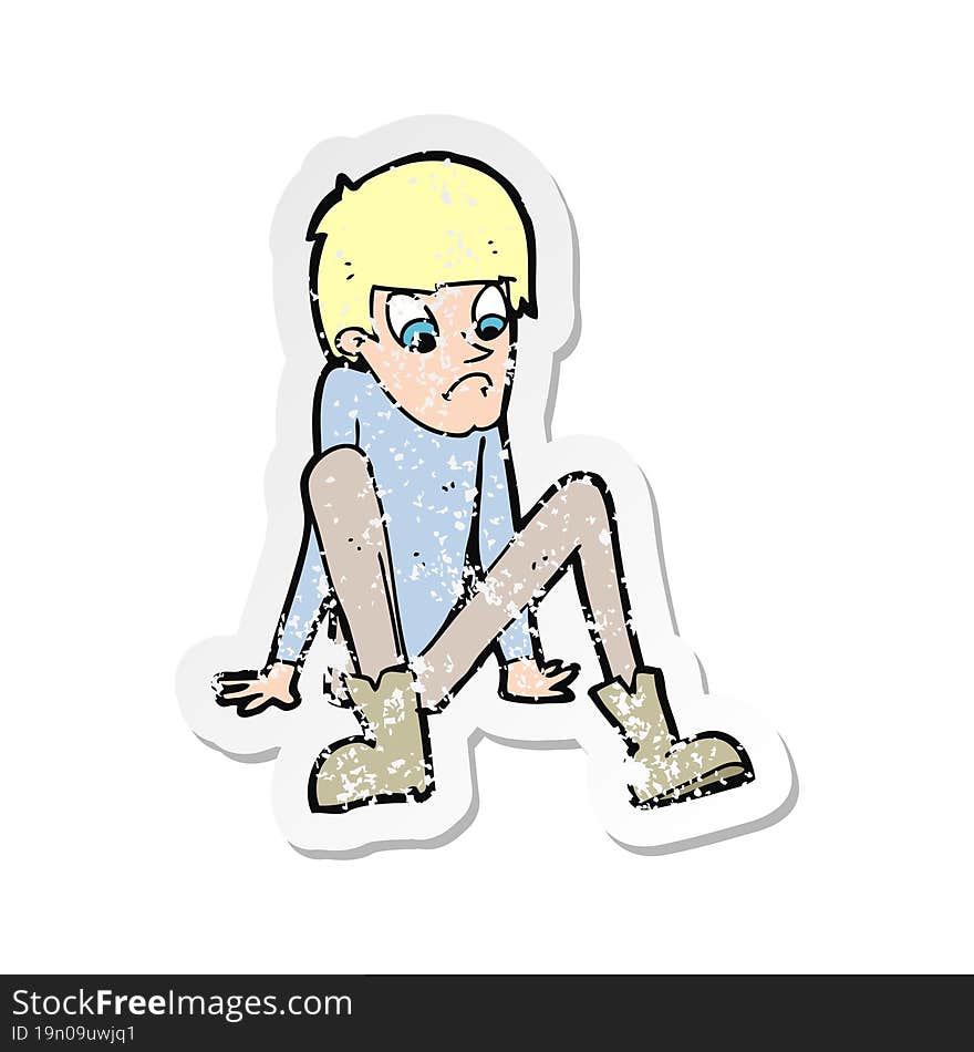 retro distressed sticker of a cartoon boy sitting on floor