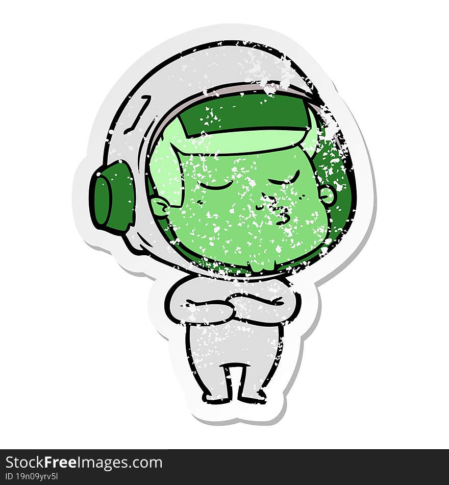 distressed sticker of a cartoon confident astronaut