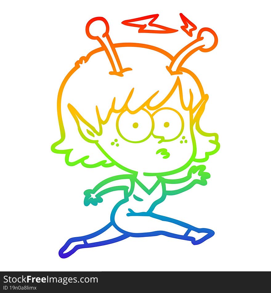 rainbow gradient line drawing of a cartoon alien girl