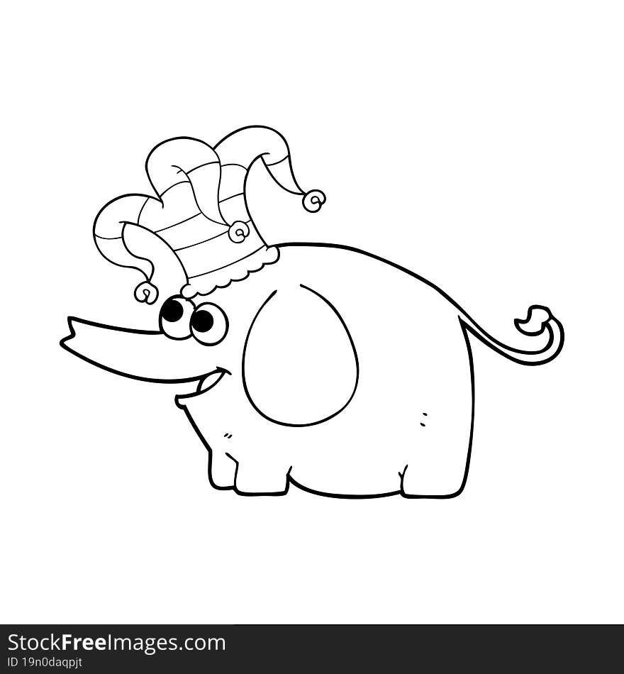 black and white cartoon elephant wearing circus hat