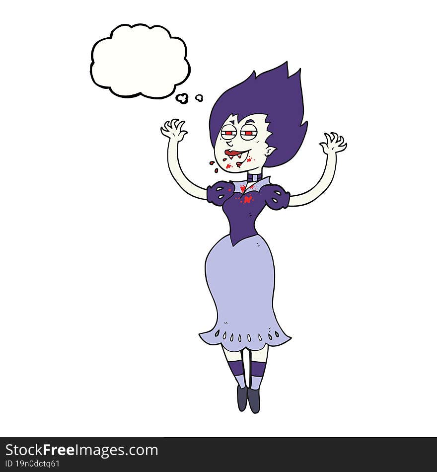 freehand drawn thought bubble cartoon vampire girl with bloody mouth