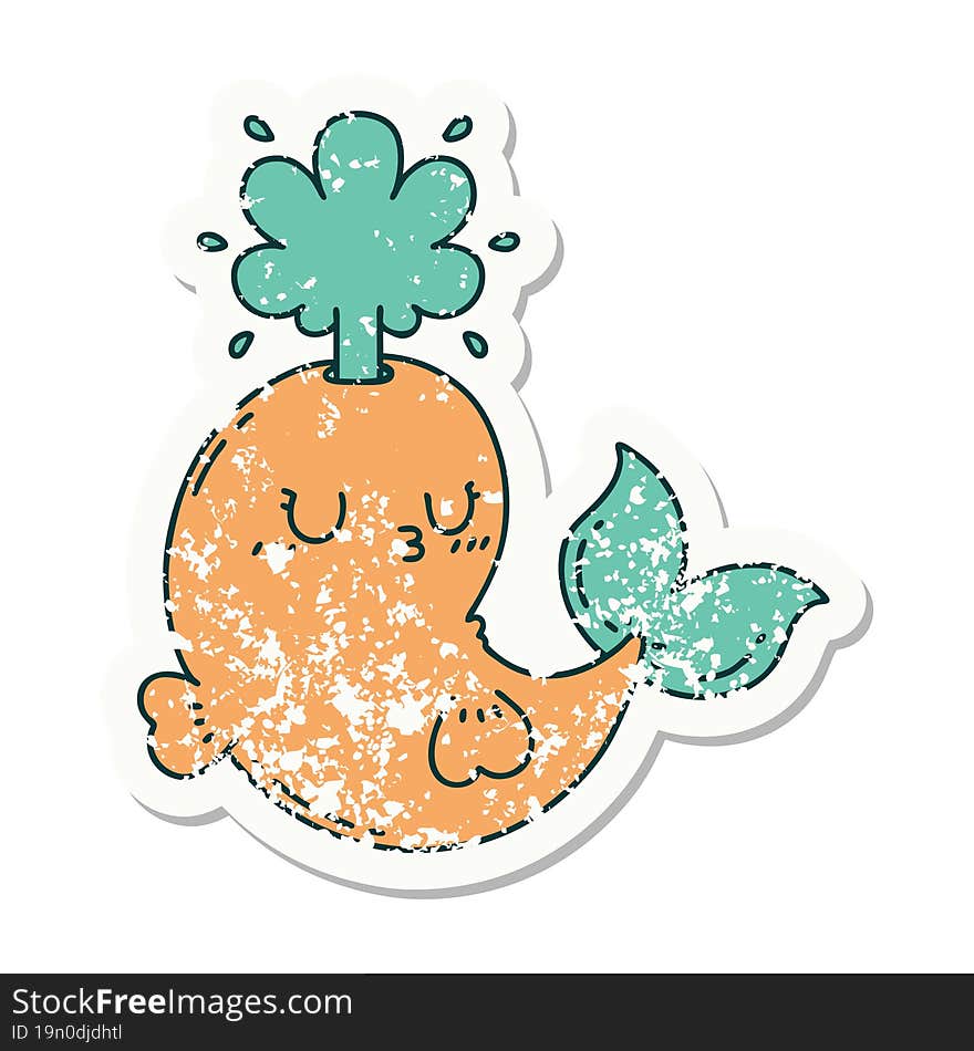 grunge sticker of tattoo style happy squirting whale character