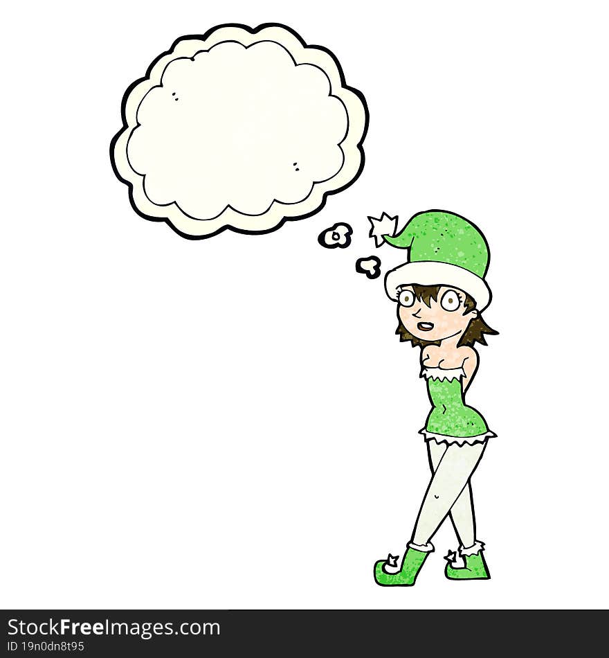 Cartoon Woman In Christmas Elf Costume With Thought Bubble