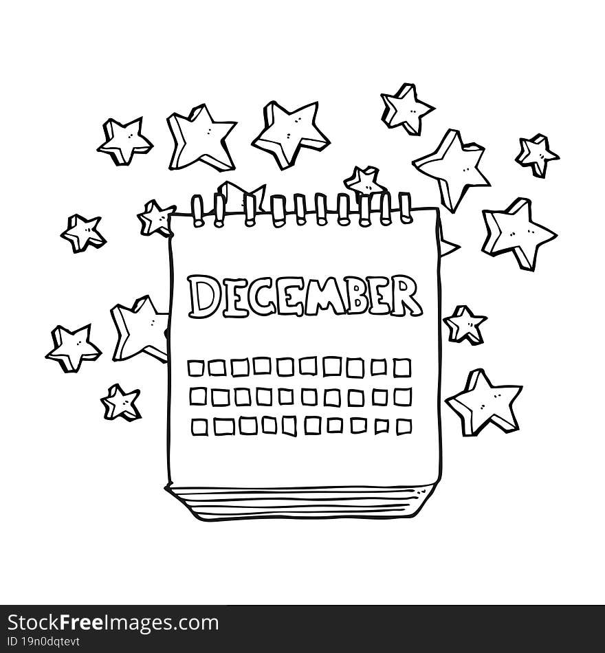 freehand drawn black and white cartoon calendar showing month of December