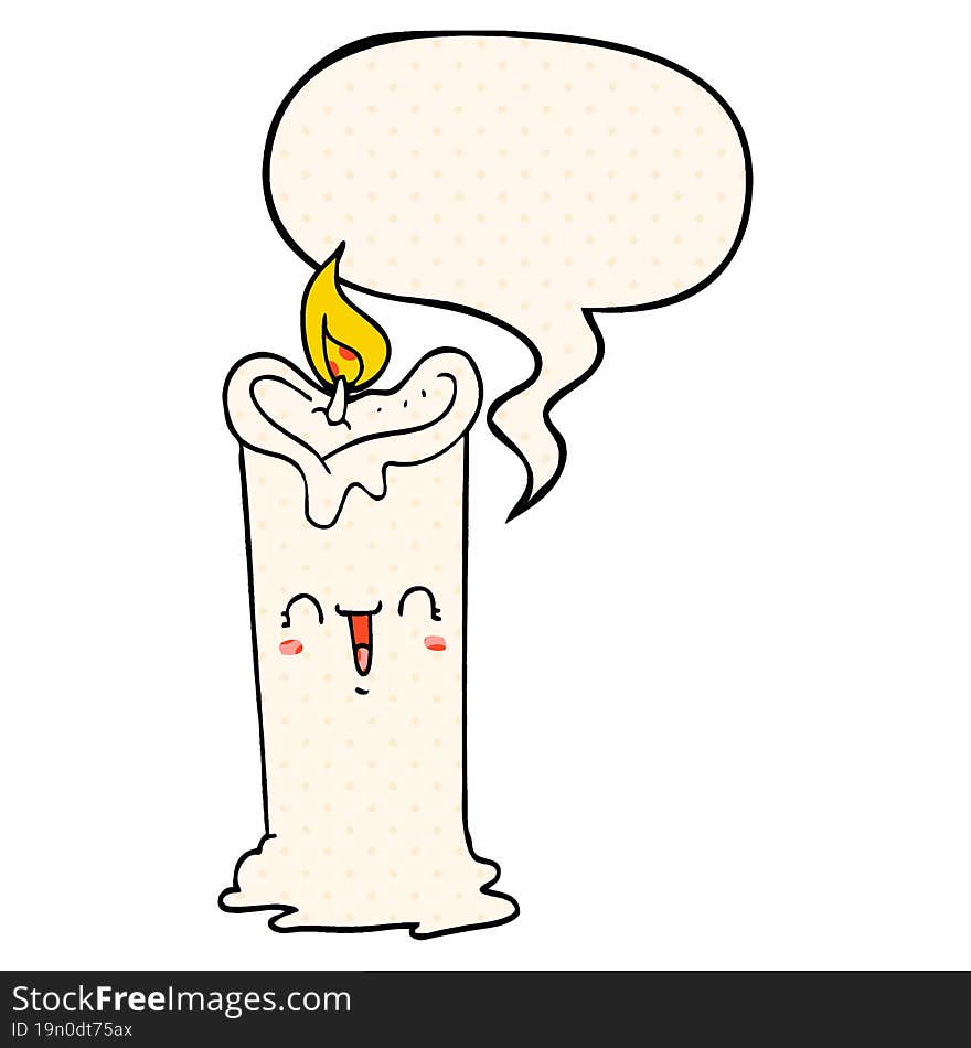 Cartoon Happy Candle And Speech Bubble In Comic Book Style