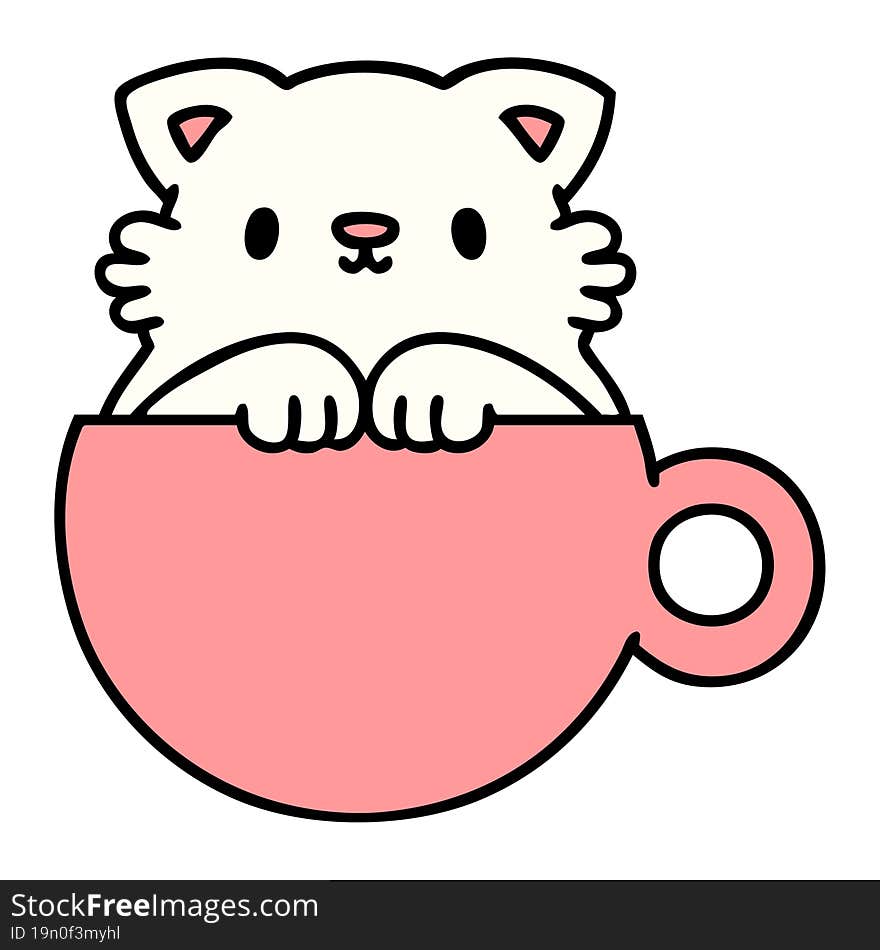 cartoon of a cute little cat in a coffee cup. cartoon of a cute little cat in a coffee cup