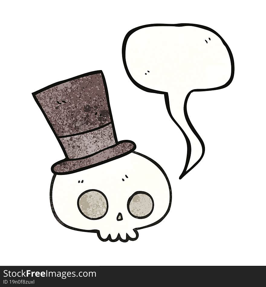 speech bubble textured cartoon skull wearing top hat