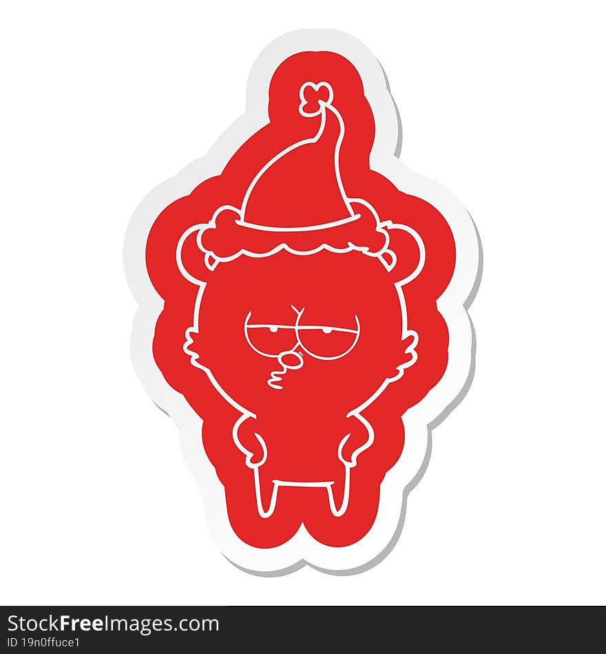 bored bear cartoon  sticker of a wearing santa hat