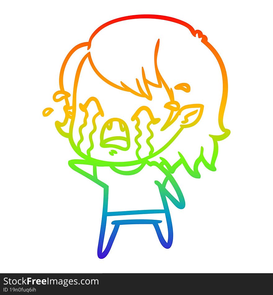 rainbow gradient line drawing cartoon crying vampire girl