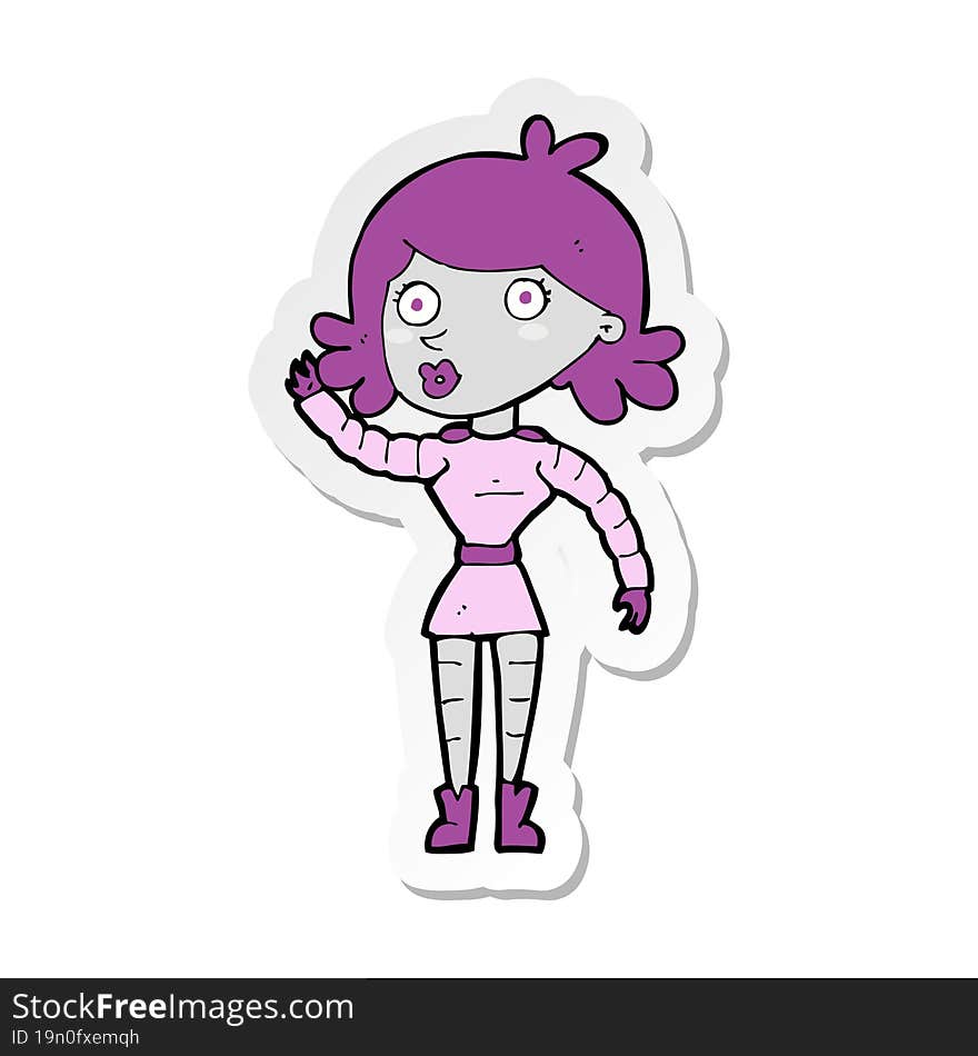 sticker of a cartoon robot woman waving