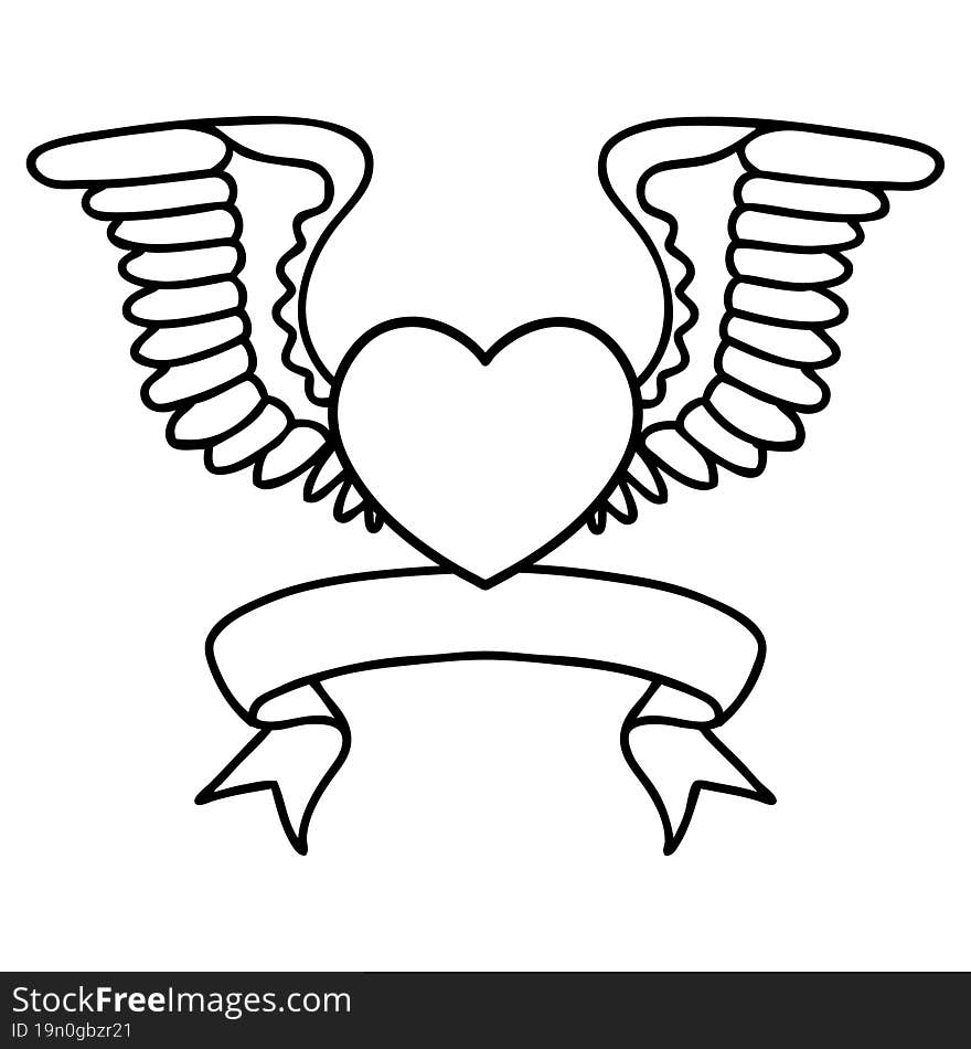 traditional black linework tattoo with banner of a heart with wings