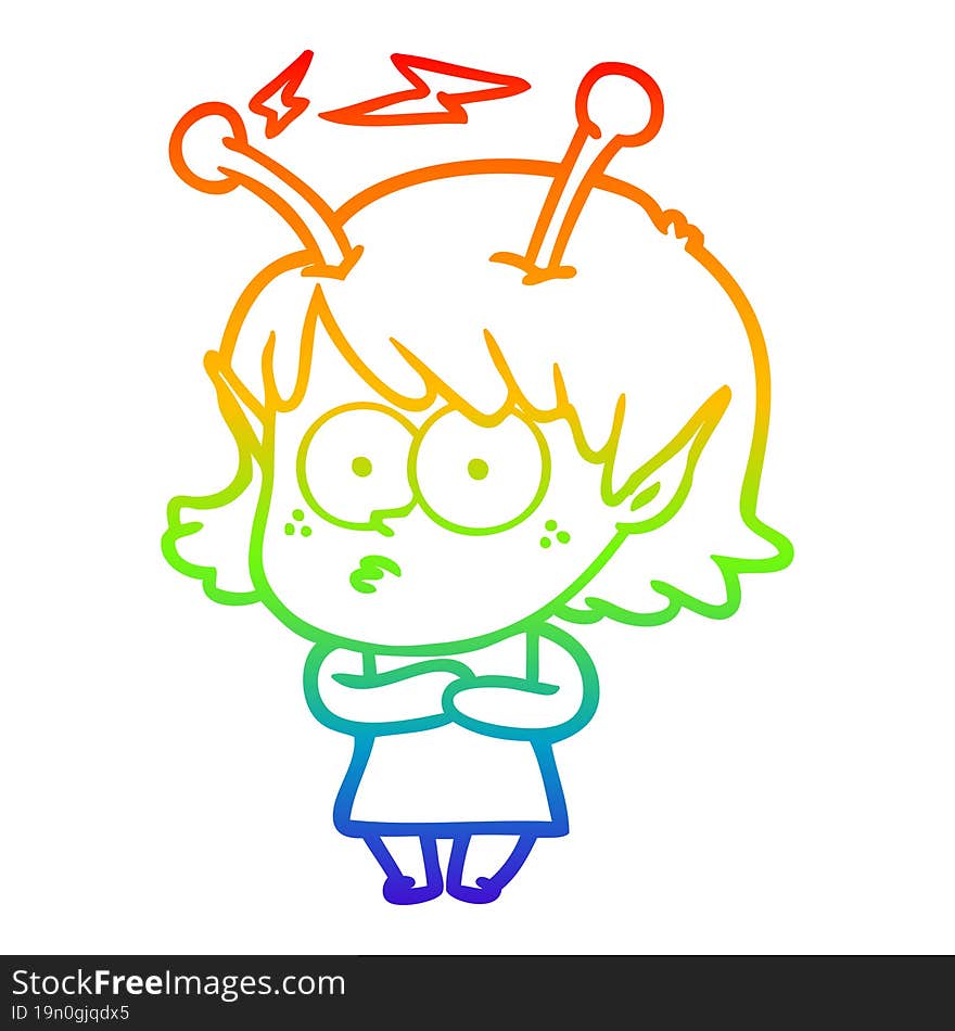 rainbow gradient line drawing of a cartoon alien girl