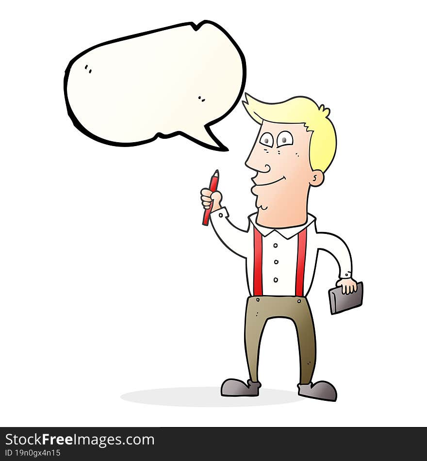 speech bubble cartoon man with notebook and pen