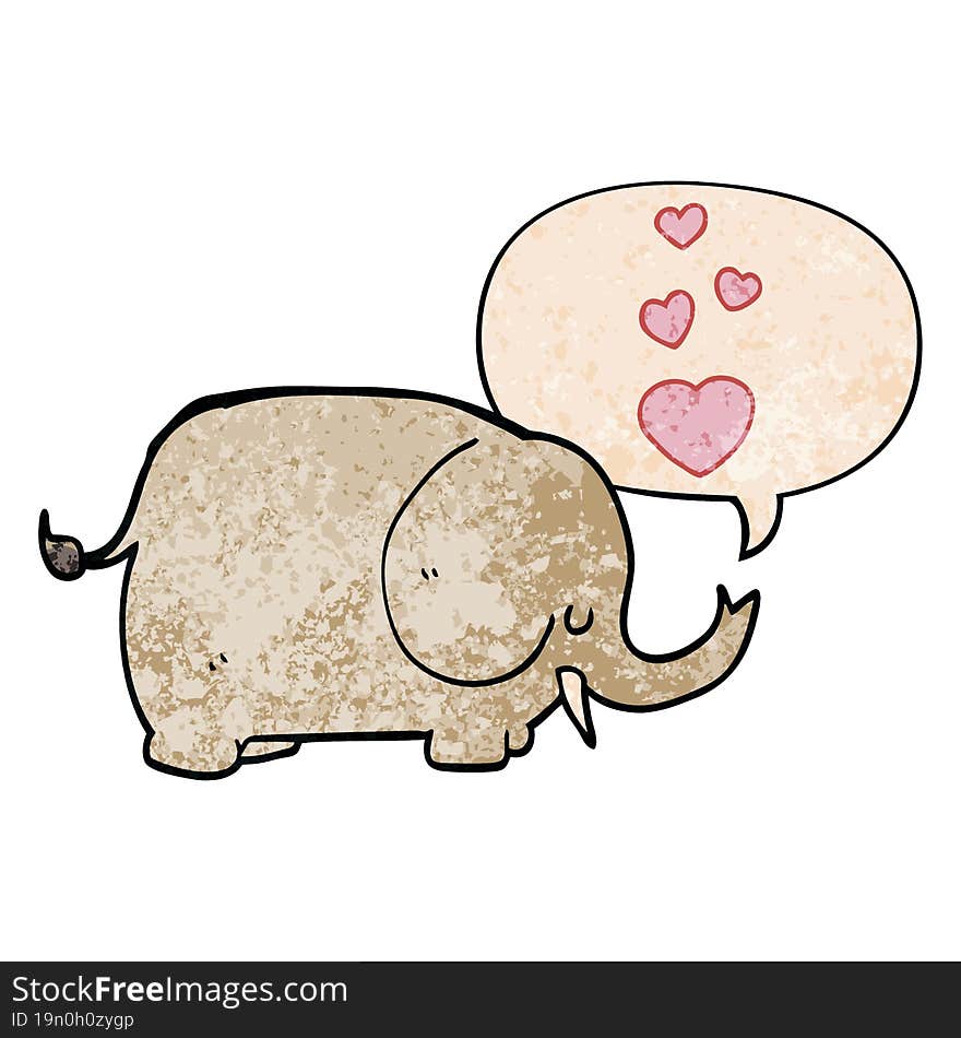 cute cartoon elephant and love hearts and speech bubble in retro texture style