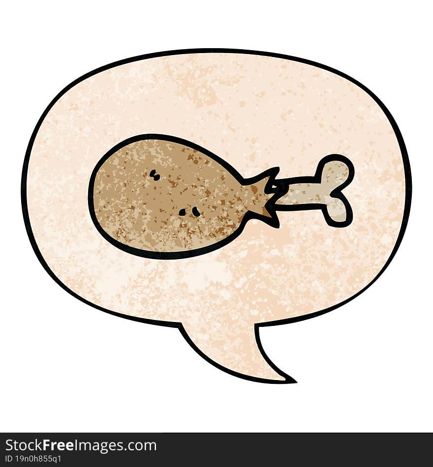 cartoon cooked chicken leg and speech bubble in retro texture style