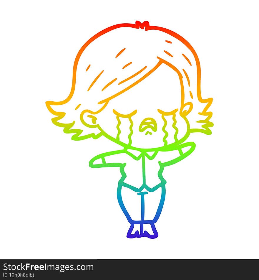 Rainbow Gradient Line Drawing Cartoon Girl Crying