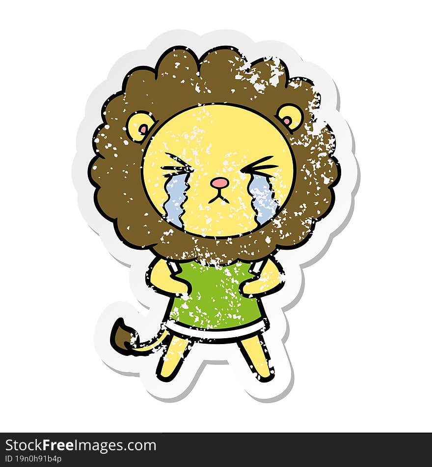 distressed sticker of a cartoon crying lion