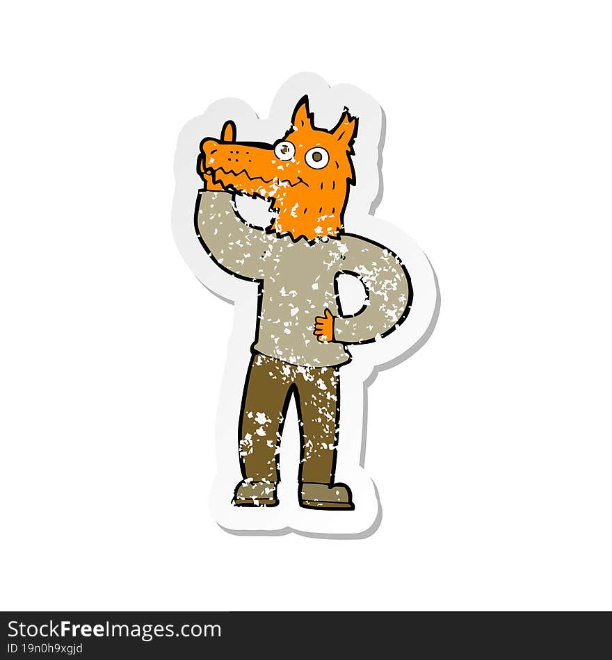 retro distressed sticker of a cartoon fox man with idea