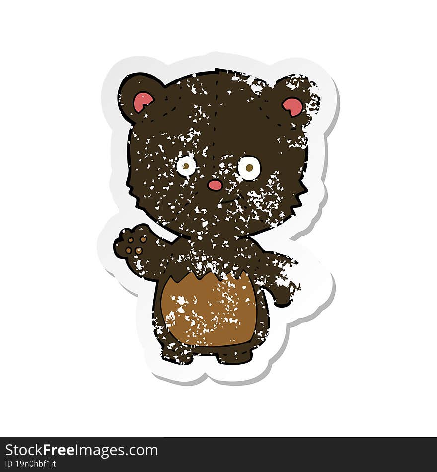 Retro Distressed Sticker Of A Cartoon Little Black Bear Waving