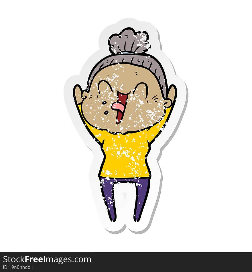 distressed sticker of a cartoon happy old woman