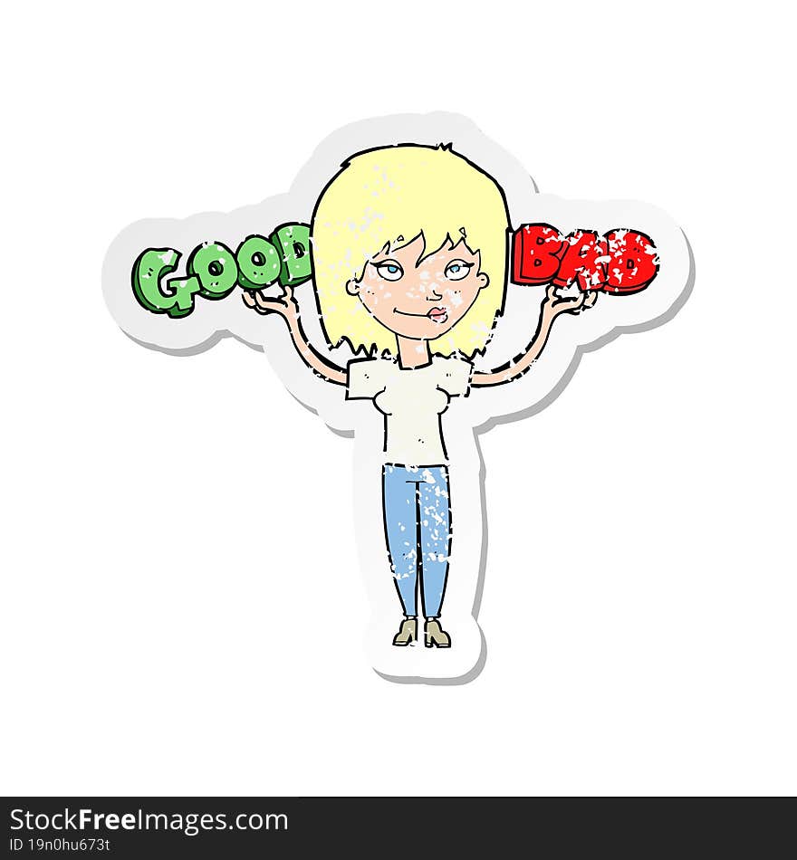 retro distressed sticker of a cartoon woman weighing up options