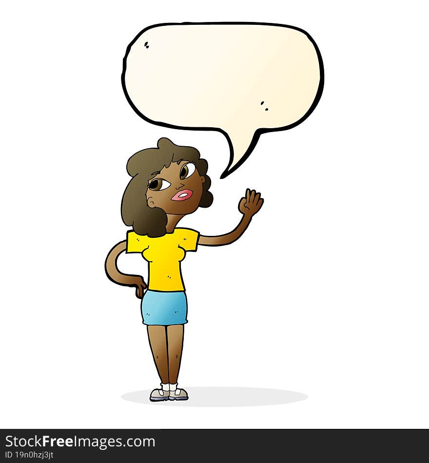 cartoon woman waving  with speech bubble