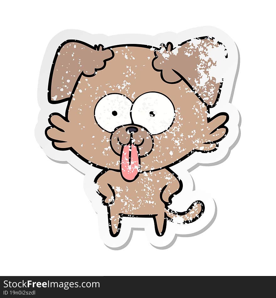 distressed sticker of a cartoon dog with tongue sticking out