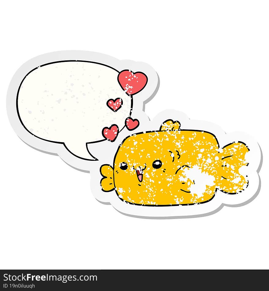 Cute Cartoon Fish And Love Hearts And Speech Bubble Distressed Sticker