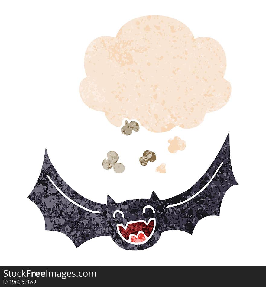 cartoon bat and thought bubble in retro textured style