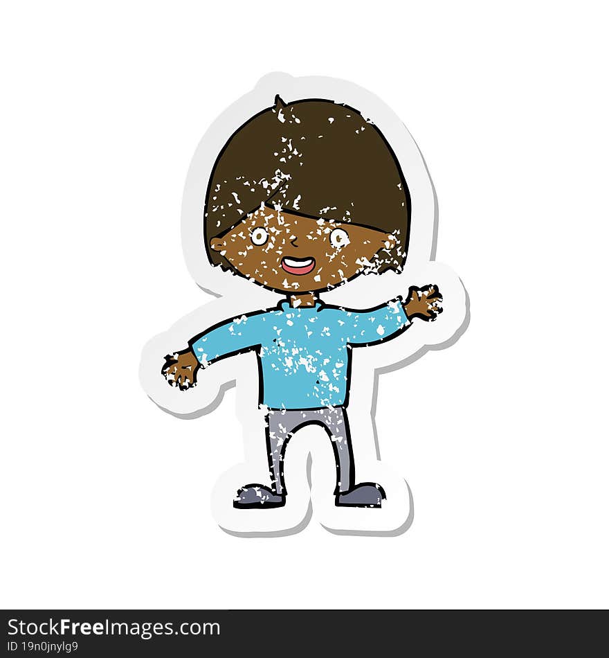 retro distressed sticker of a cartoon waving boy