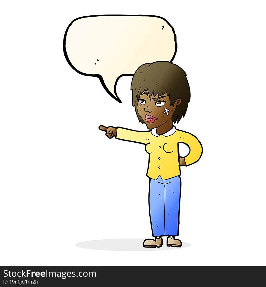 cartoon woman pointing with speech bubble