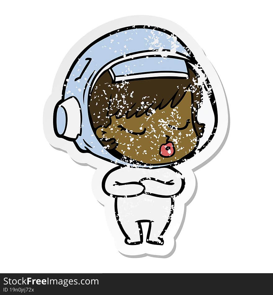 distressed sticker of a cartoon pretty astronaut girl