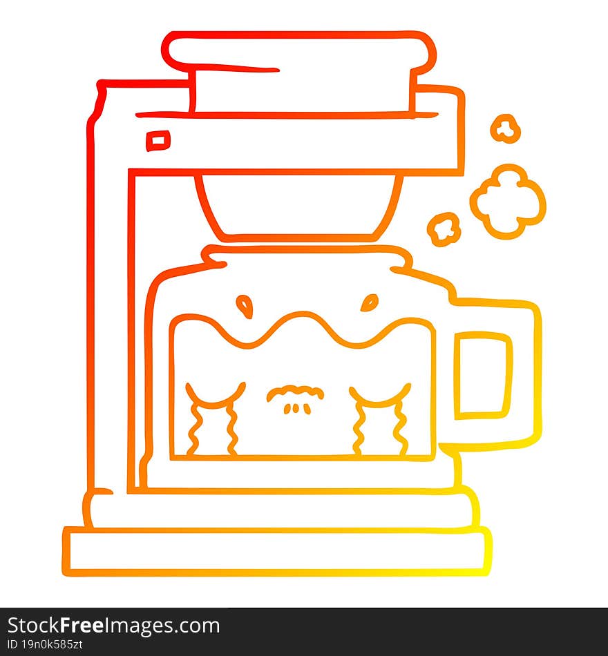 warm gradient line drawing of a cartoon crying filter coffee machine