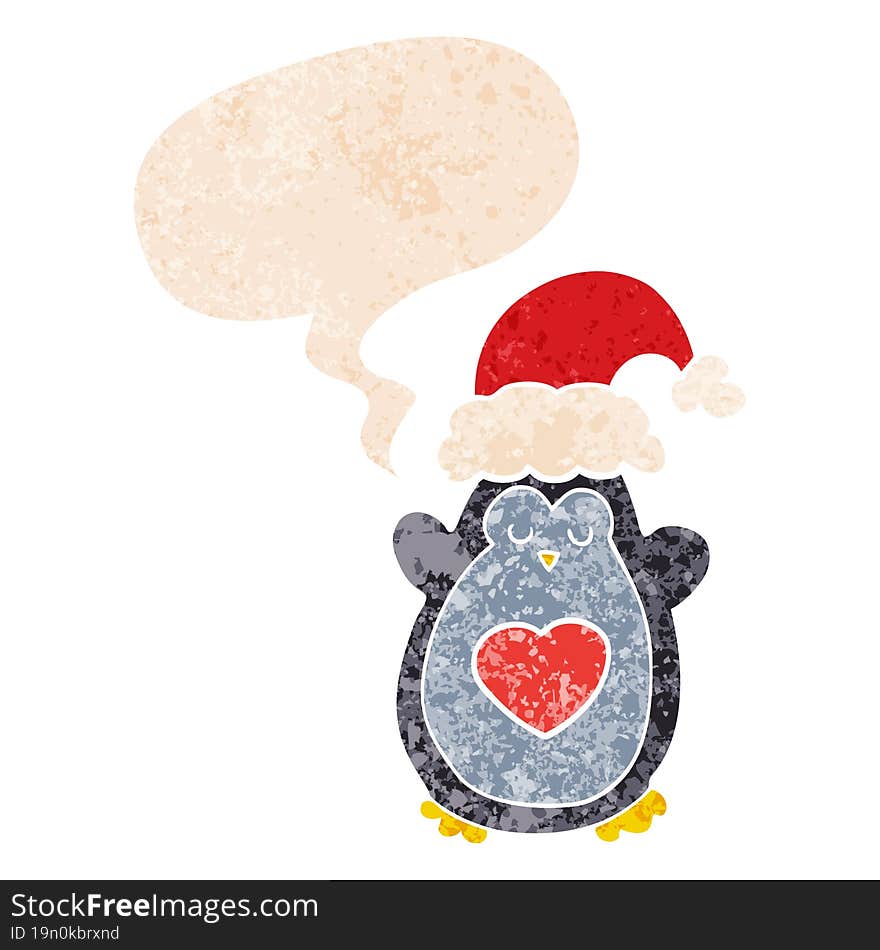 cute christmas penguin and speech bubble in retro textured style