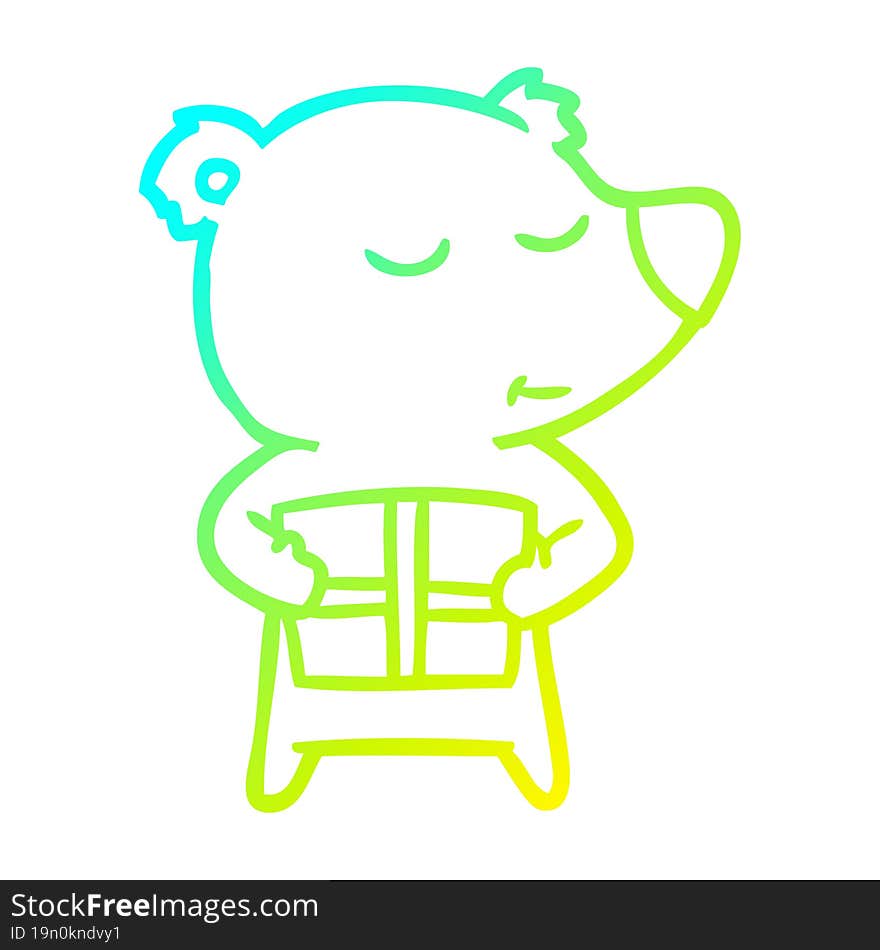 cold gradient line drawing happy cartoon polar bear with present