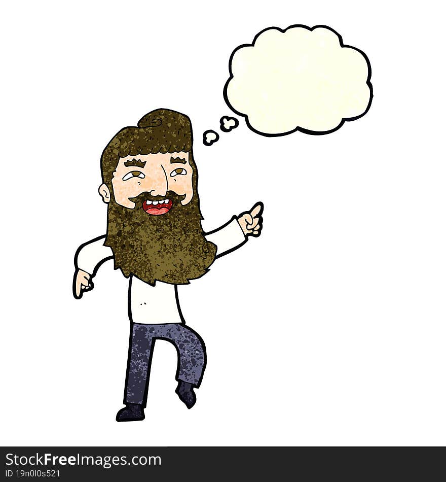 cartoon man with beard laughing and pointing with thought bubble