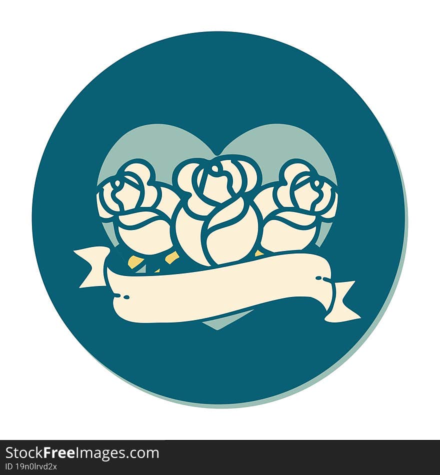 sticker of tattoo in traditional style of a heart and banner with flowers. sticker of tattoo in traditional style of a heart and banner with flowers