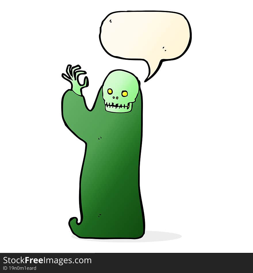 cartoon waving halloween ghoul with speech bubble