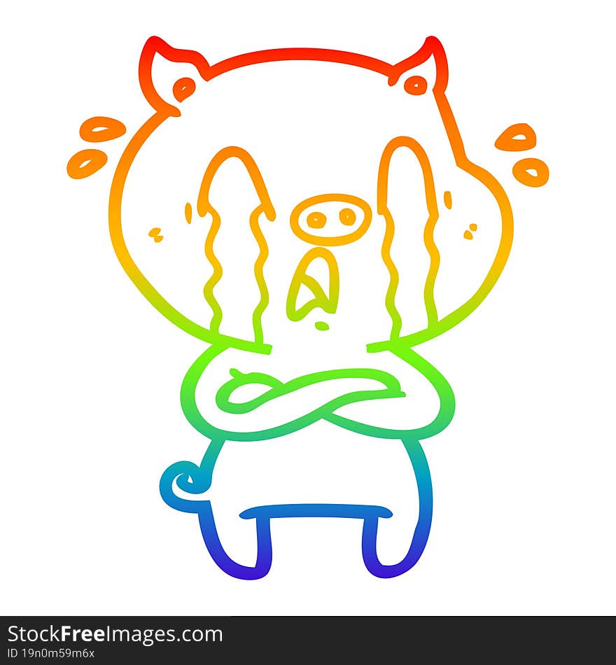 Rainbow Gradient Line Drawing Crying Pig Cartoon