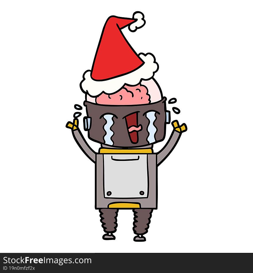 Line Drawing Of A Crying Robot Wearing Santa Hat