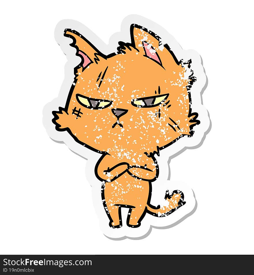 distressed sticker of a tough cartoon cat