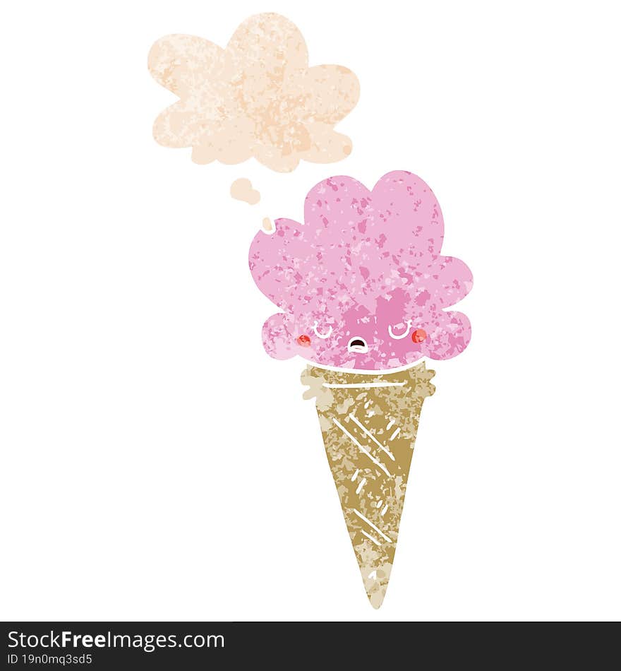 cartoon ice cream with face with thought bubble in grunge distressed retro textured style. cartoon ice cream with face with thought bubble in grunge distressed retro textured style