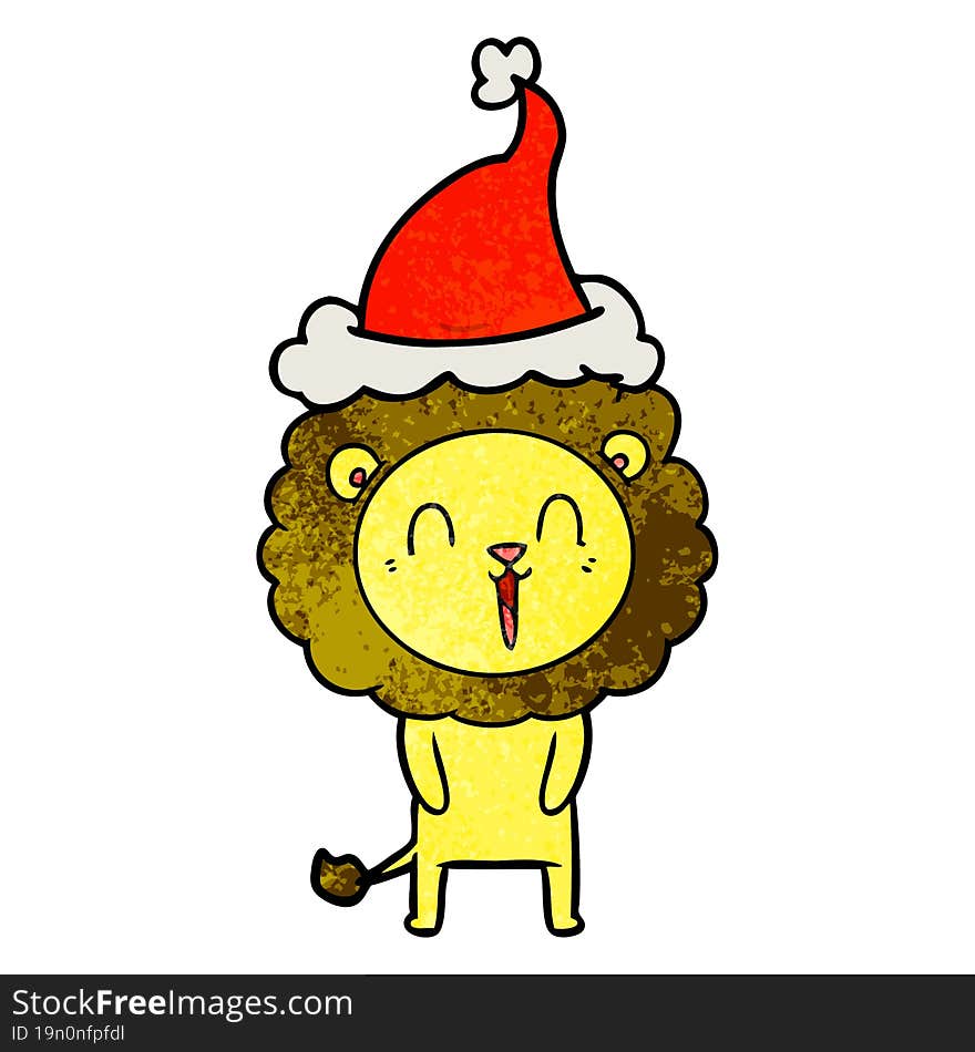 laughing lion textured cartoon of a wearing santa hat