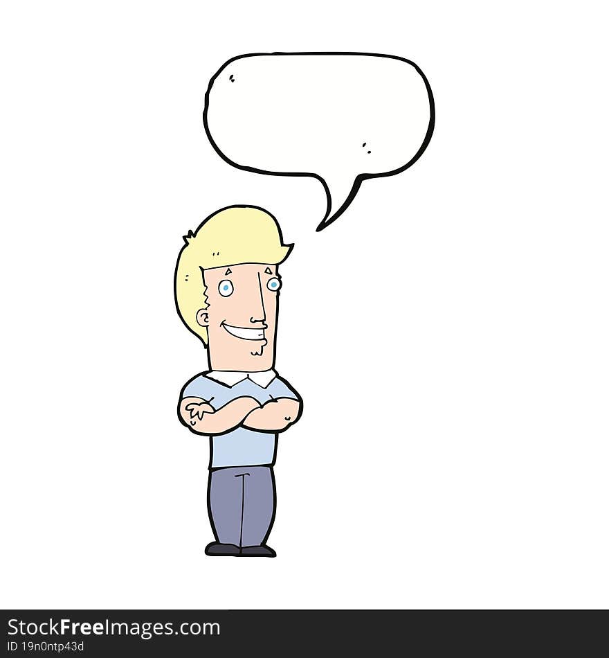 cartoon man with folded arms grinning with speech bubble