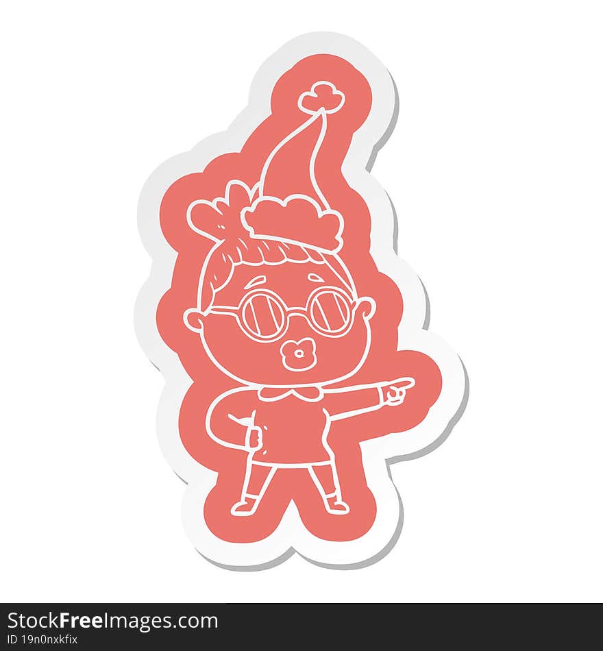 cartoon  sticker of a pointing woman wearing spectacles wearing santa hat