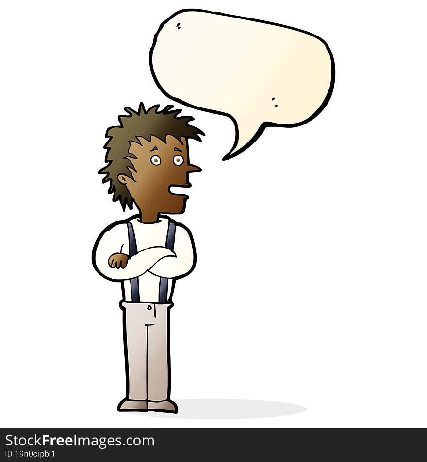 cartoon boy with folded arms with speech bubble