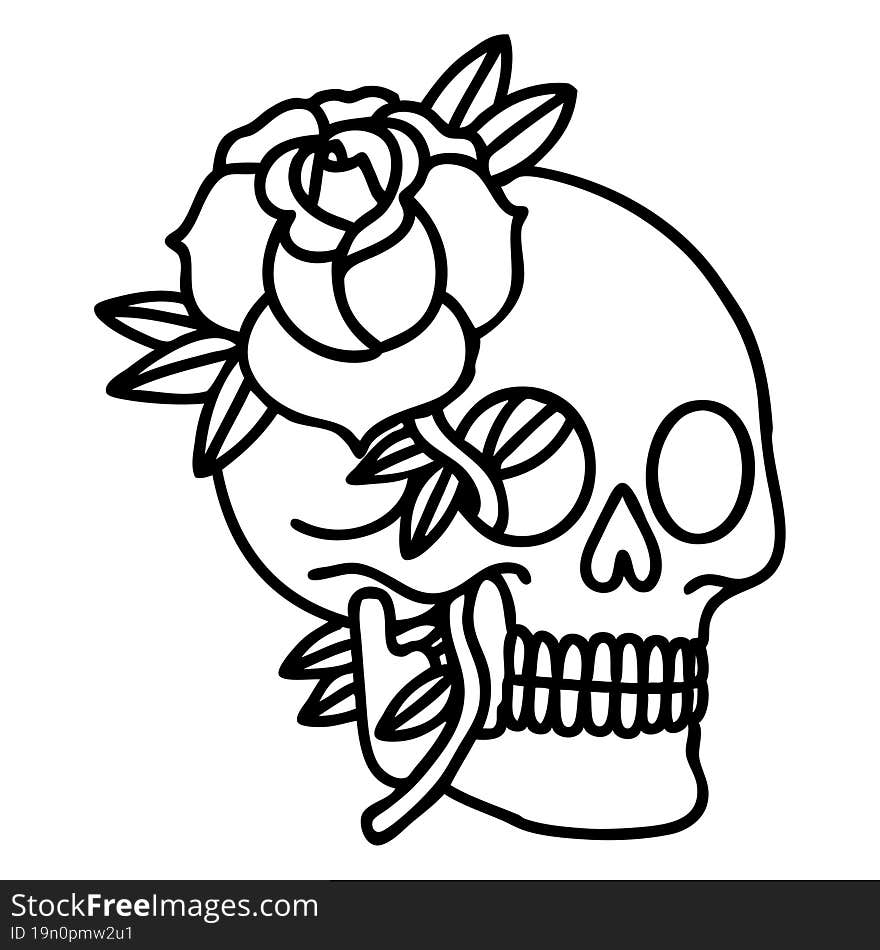 tattoo in black line style of a skull and rose. tattoo in black line style of a skull and rose